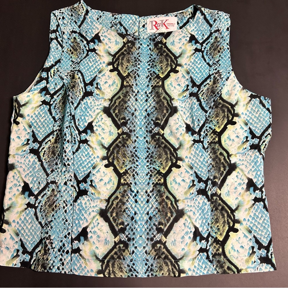 R&K Petite Blue Snakeskin Print Sleeveless Blouse Size 10P